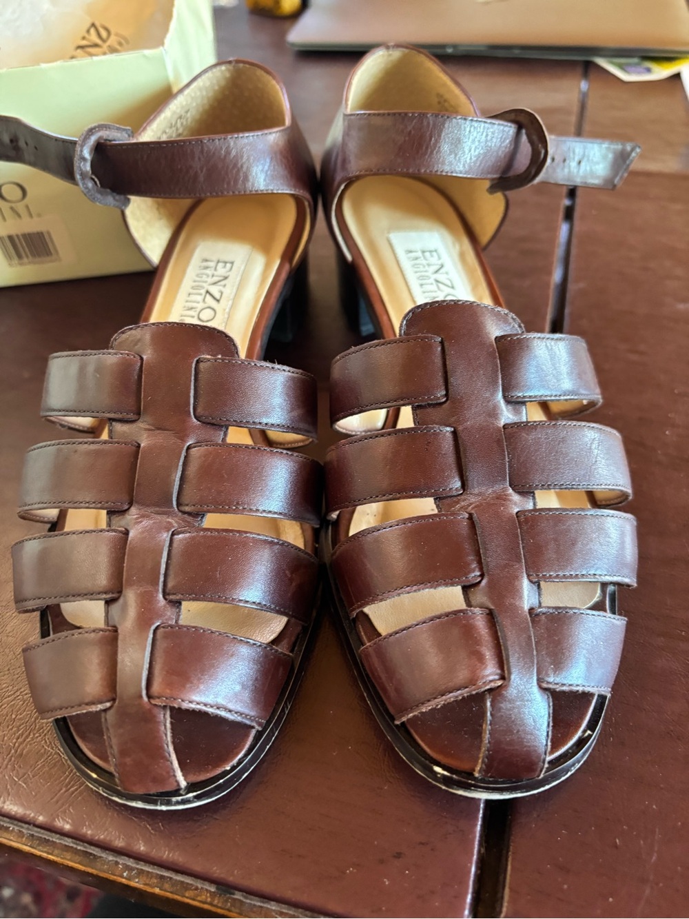 Enzo Angiolini Brown Leather Woven Sandals
